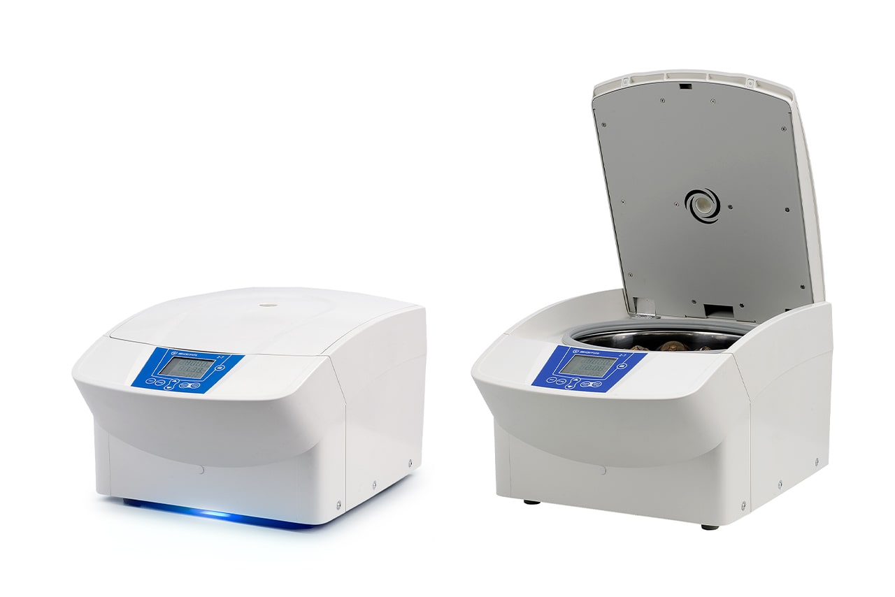 Sigma 2-7 laboratory centrifuge with closed and opened lid often used for cell culture applications